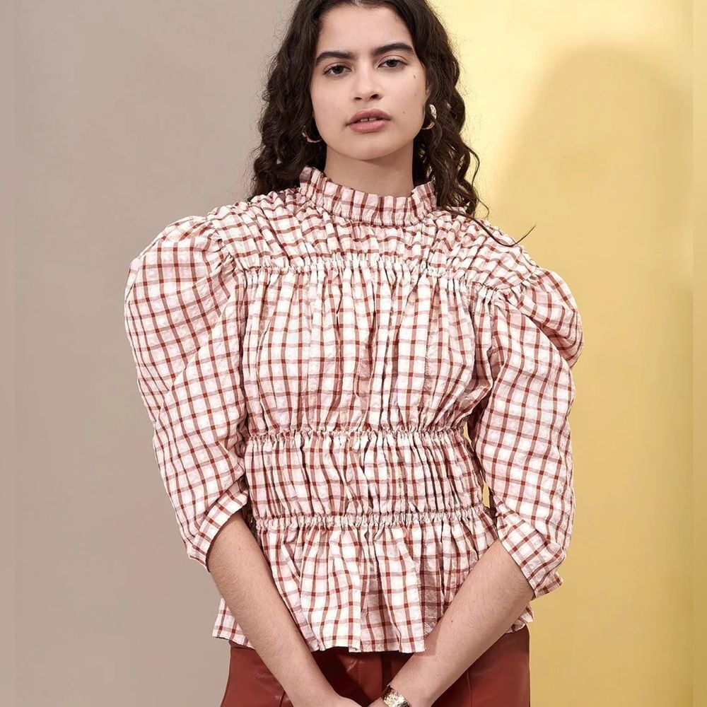 Anthropologie GHOSPELL SUNRISE CHECK RUCHED Checkered Puff Sleeve Blouse Top
